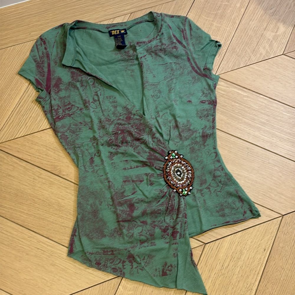 Dex Green Wrap Top Jeweled Brooch Size Small NWOT